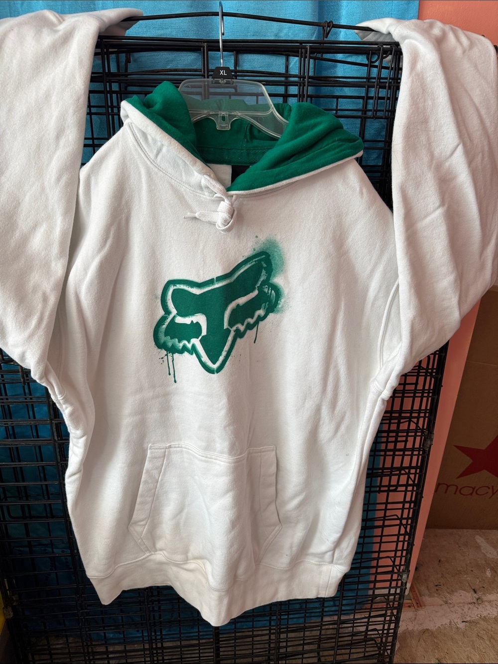 Fox White Hoodie with Green Trim and Green Logo